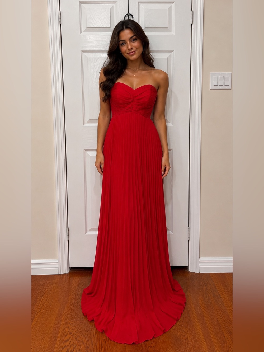 Elegant Strapless Red Pleated Maxi Dress